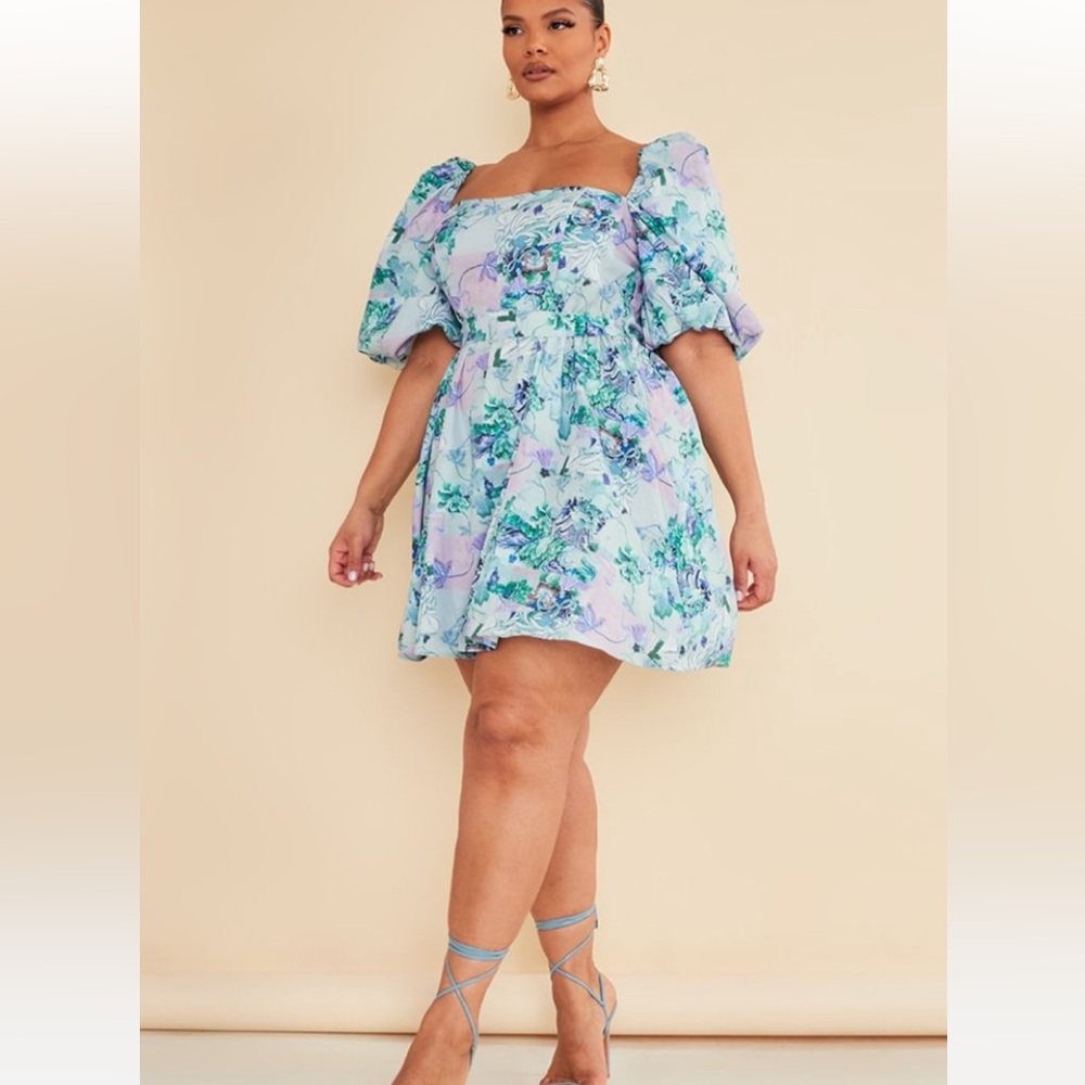 PrettyLittleThing Blue Floral Puff Sleeve Mini Dress